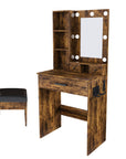 24" Brown Wood Mirrored Three Drawer Vanity Table And Lights