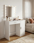 35" White Wood Mirrored Vanity Table And Lights