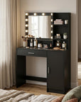 35" Black Wood Mirrored Vanity Table And Lights