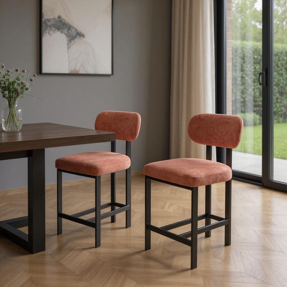 Set of Two 26" White And Black Fabric And Steel Low Back Counter Height Bar Chairs