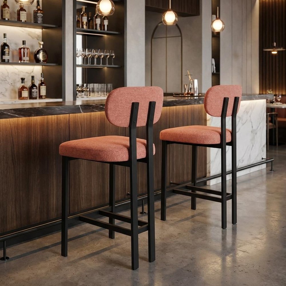 Set of Two 26" White And Black Fabric And Steel Low Back Counter Height Bar Chairs