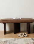 48" Brown Genuine Leather and Solid Wood Upholstered Bench