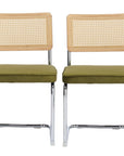 Set of Two Green Natural And Silver Velvet Rattan And Stainless Steel Dining Chairs
