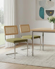 Set of Two Green Natural And Silver Velvet Rattan And Stainless Steel Dining Chairs