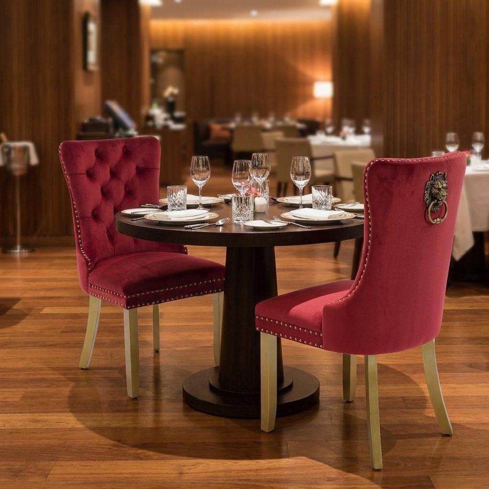 Set of Two Red and Gold Tufted Velvet And Solid Wood Dining Side Chairs