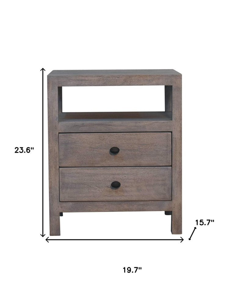 24" Ash Gray Solid Wood Distressed Two Drawer Nightstand