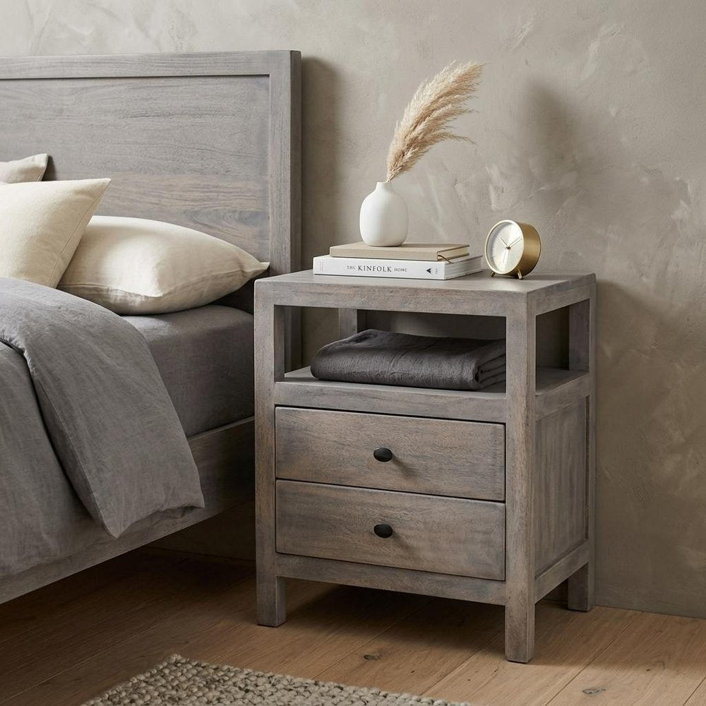 24" Ash Gray Solid Wood Distressed Two Drawer Nightstand