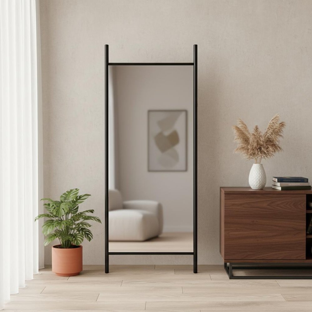 71" Black Wood Leaning Ladder Framed Full Length Mirror
