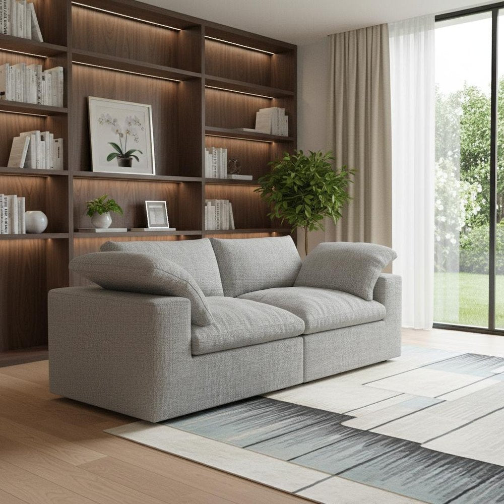 80" White Linen Blend Modular Loveseat and Toss Pillows