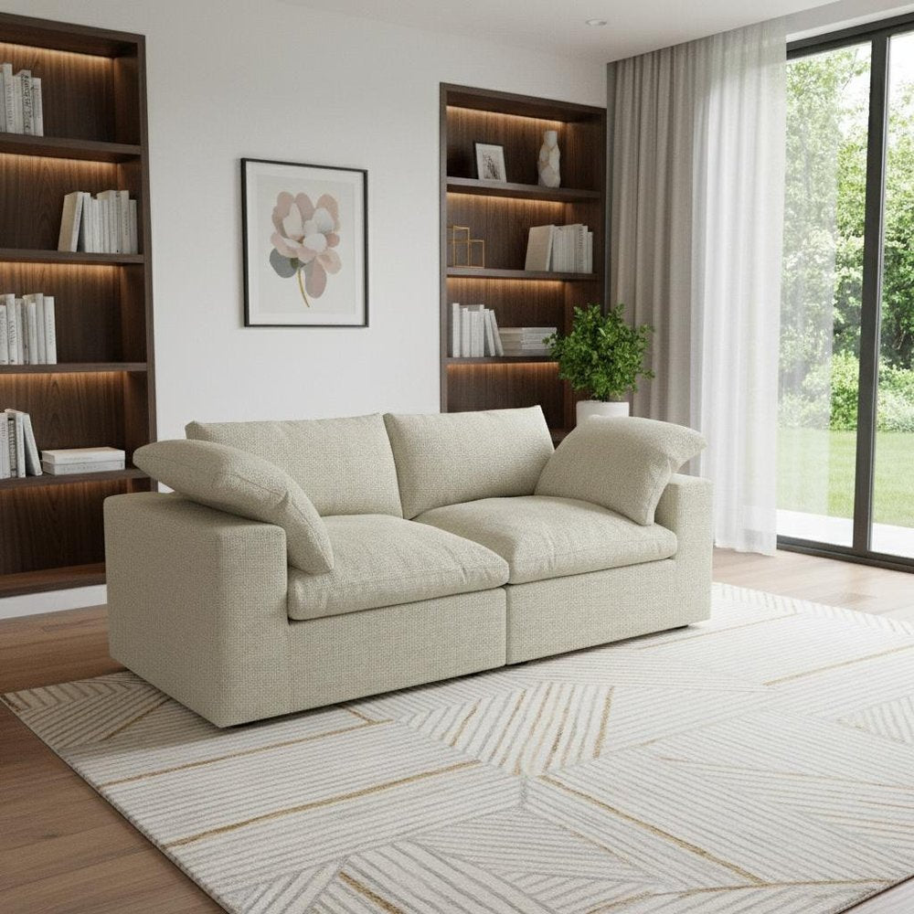 80" White Linen Blend Modular Loveseat and Toss Pillows