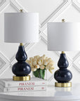 Set of Two 21" Navy Blue And Gold Gourd Table Lamps With Drum Shades