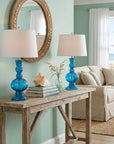 Set of Two 29" Blue Curved Body Glass Table Lamps With Drum Shades