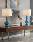 Set of Two 29" Blue Curved Body Glass Table Lamps With Drum Shades
