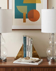 Set of Two 22" Clear And Silver Double Gourd USB Lamps With Drum Shades