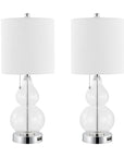 Set of Two 22" Clear And Silver Double Gourd USB Lamps With Drum Shades