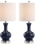 Set of Two 22" Navy Blue And Silver Gourd Bedside Lamps With Drum Shades