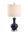 Set of Two 22" Navy Blue And Silver Gourd Bedside Lamps With Drum Shades