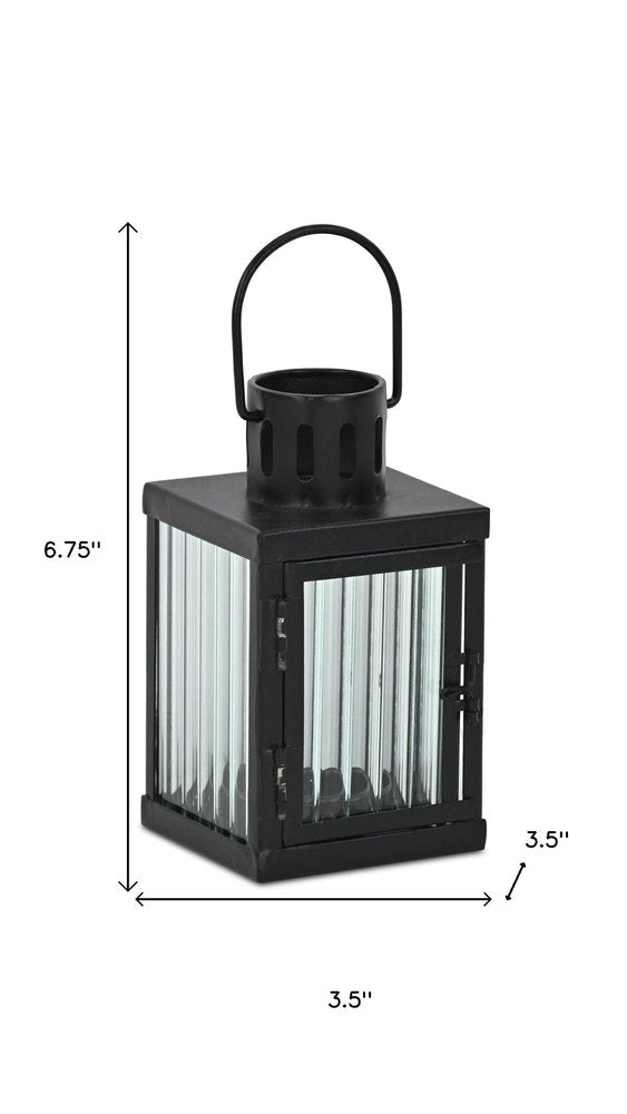 7" Black Iron And Glass Tabletop Lantern Candle Holder