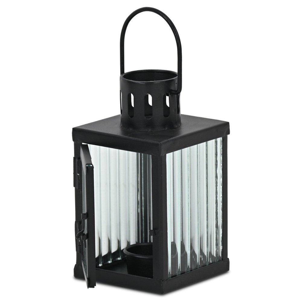 7" Black Iron And Glass Tabletop Lantern Candle Holder