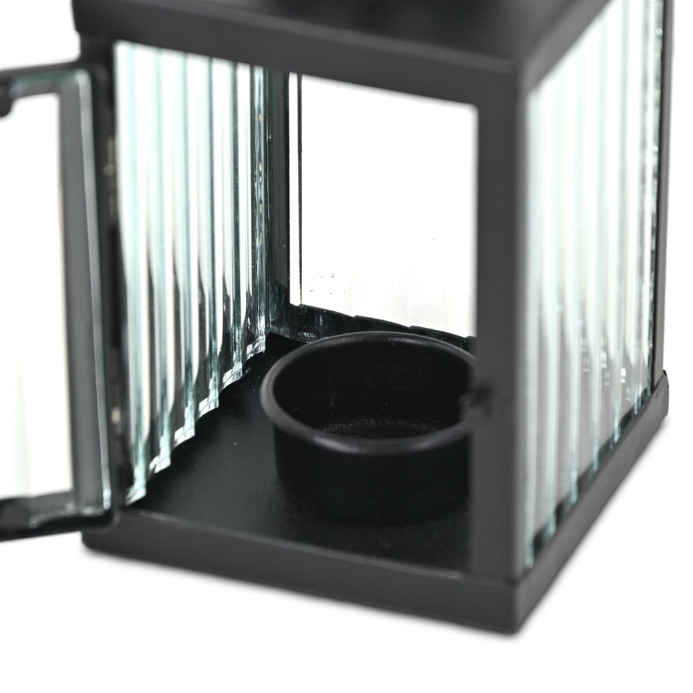 7" Black Iron And Glass Tabletop Lantern Candle Holder