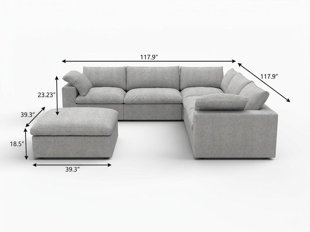 White Linen Blend Modular L Shaped Six Piece Corner Sectional With Ottoman