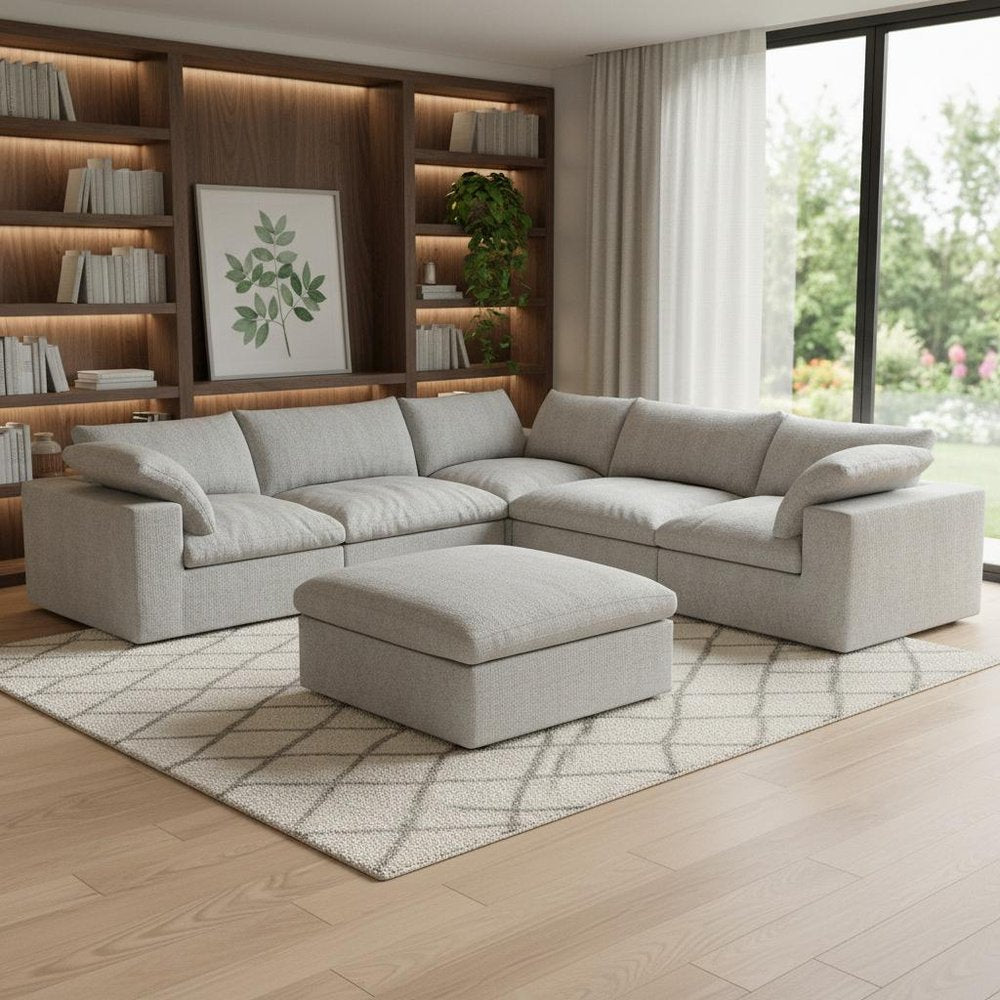 White Linen Blend Modular L Shaped Six Piece Corner Sectional With Ottoman