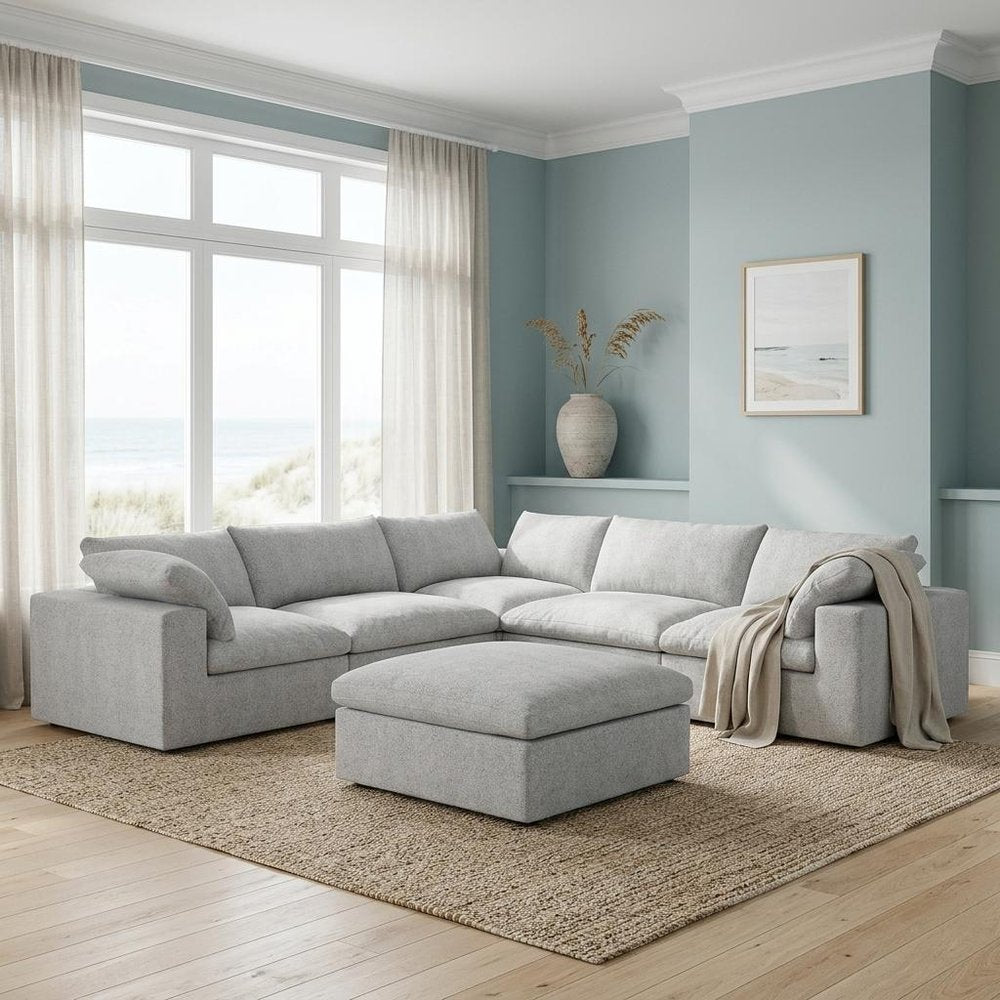 White Linen Blend Modular L Shaped Six Piece Corner Sectional With Ottoman