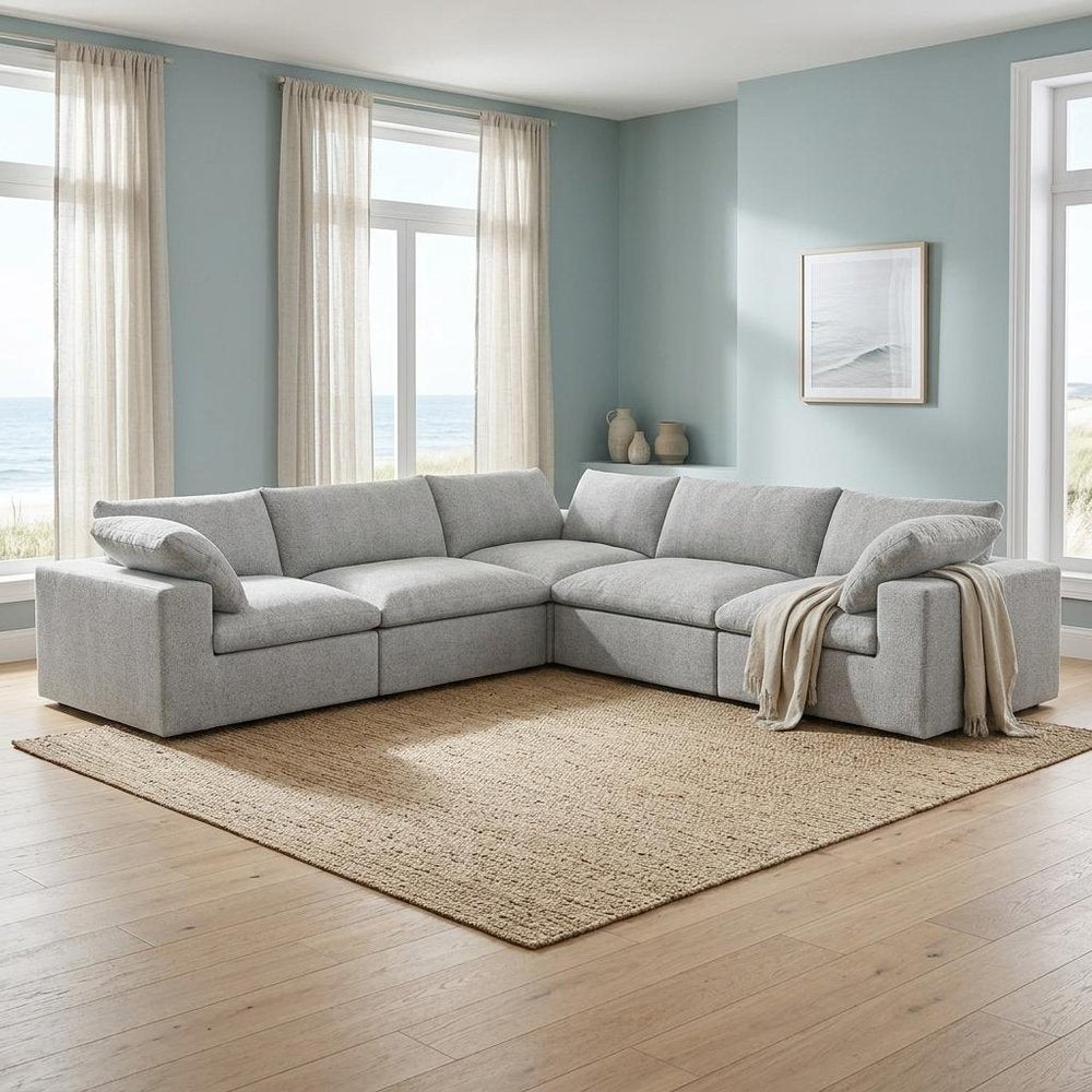 White Linen Blend Modular L Shaped Five Piece Corner Sectional