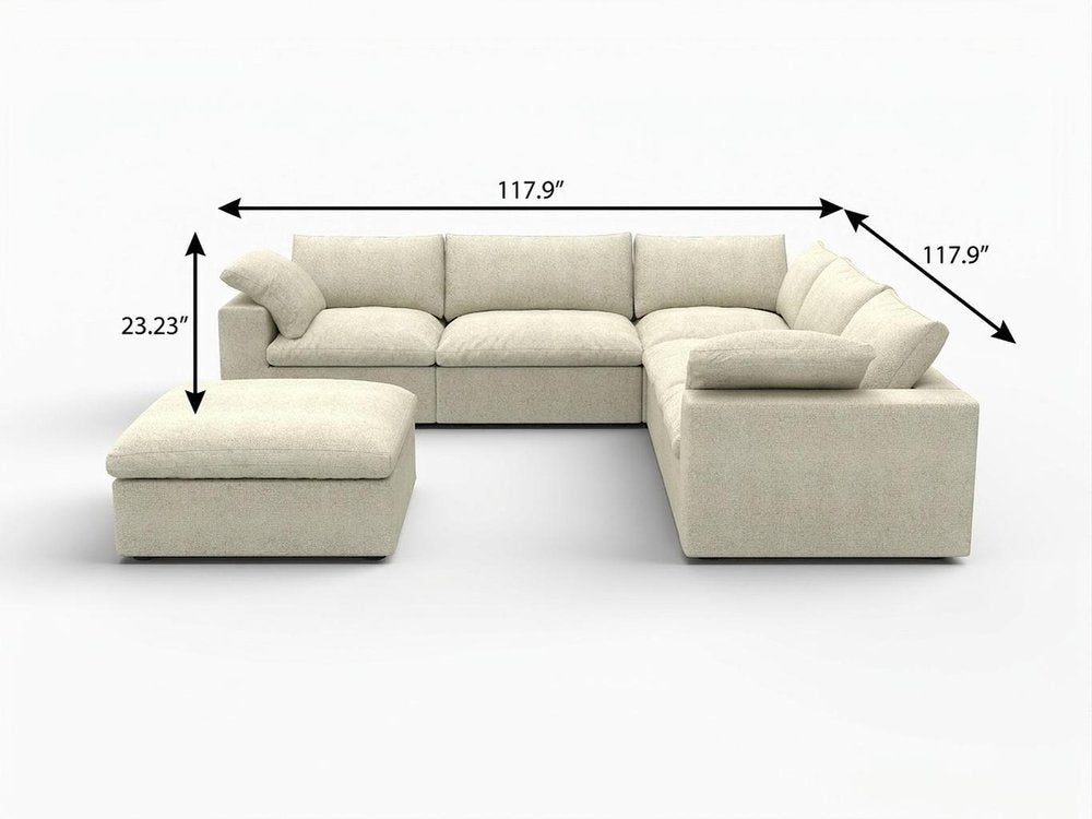 White Linen Blend Modular L Shaped Six Piece Corner Sectional With Ottoman