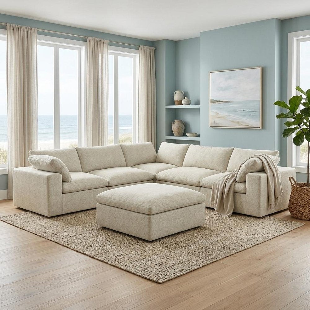 White Linen Blend Modular L Shaped Six Piece Corner Sectional With Ottoman