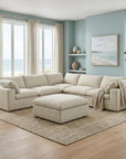 White Linen Blend Modular L Shaped Six Piece Corner Sectional With Ottoman