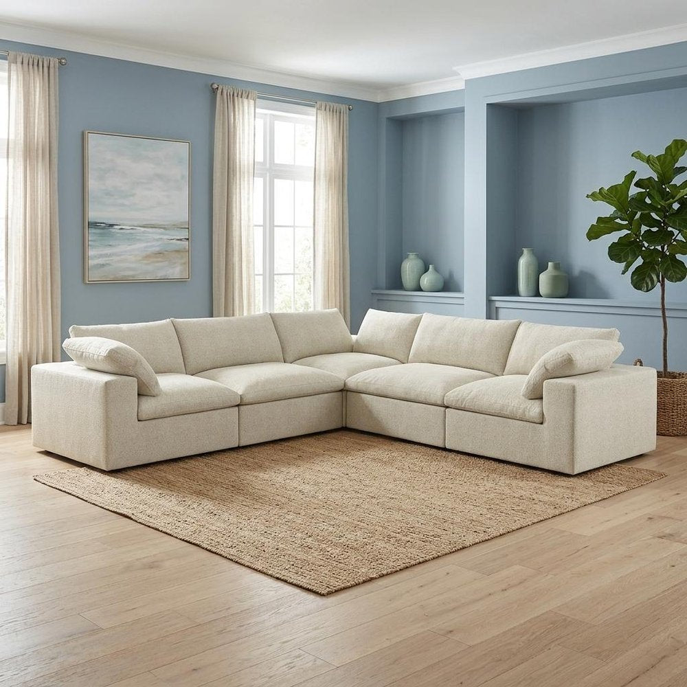 White Linen Blend Modular L Shaped Five Piece Corner Sectional