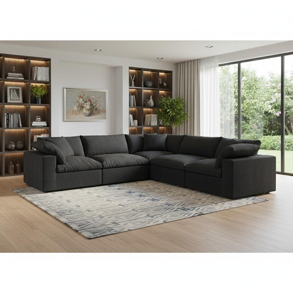 White Linen Blend Modular L Shaped Five Piece Corner Sectional