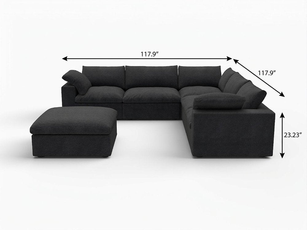 White Linen Blend Modular L Shaped Six Piece Corner Sectional With Ottoman