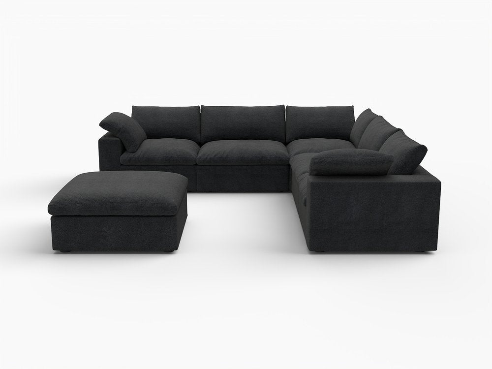 White Linen Blend Modular L Shaped Six Piece Corner Sectional With Ottoman