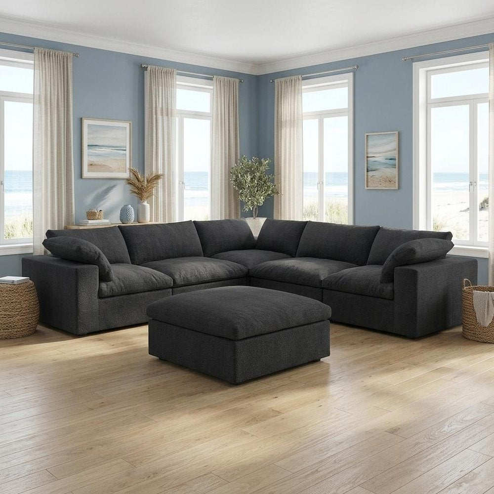 White Linen Blend Modular L Shaped Six Piece Corner Sectional With Ottoman