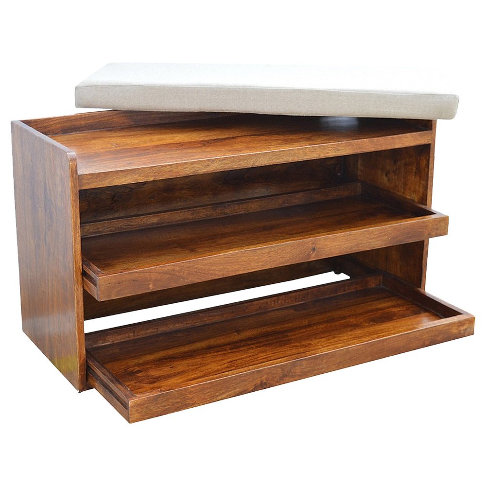 35" Brown Linen And Solid Wood Upholstered Storage Bench With Shoe Storage