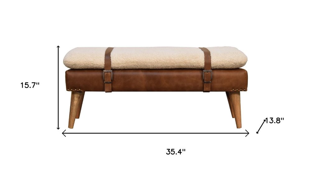 35" Beige And Brown Boucle Genuine Leather And Solid Wood Upholstered Bench
