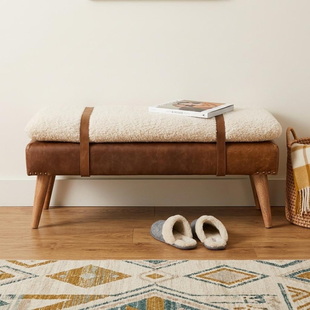 35" Beige And Brown Boucle Genuine Leather And Solid Wood Upholstered Bench