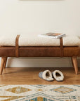 35" Beige And Brown Boucle Genuine Leather And Solid Wood Upholstered Bench