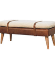 35" Beige And Brown Boucle Genuine Leather And Solid Wood Upholstered Bench