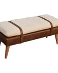 35" Beige And Brown Boucle Genuine Leather And Solid Wood Upholstered Bench