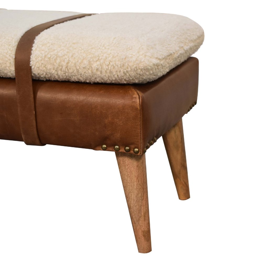 35" Beige And Brown Boucle Genuine Leather And Solid Wood Upholstered Bench
