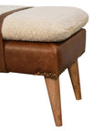 35" Beige And Brown Boucle Genuine Leather And Solid Wood Upholstered Bench
