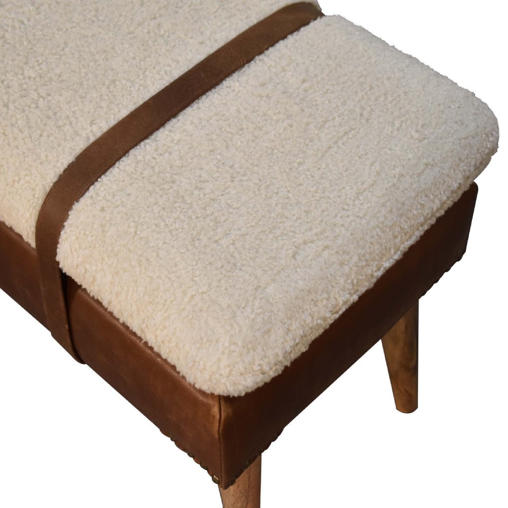 35" Beige And Brown Boucle Genuine Leather And Solid Wood Upholstered Bench