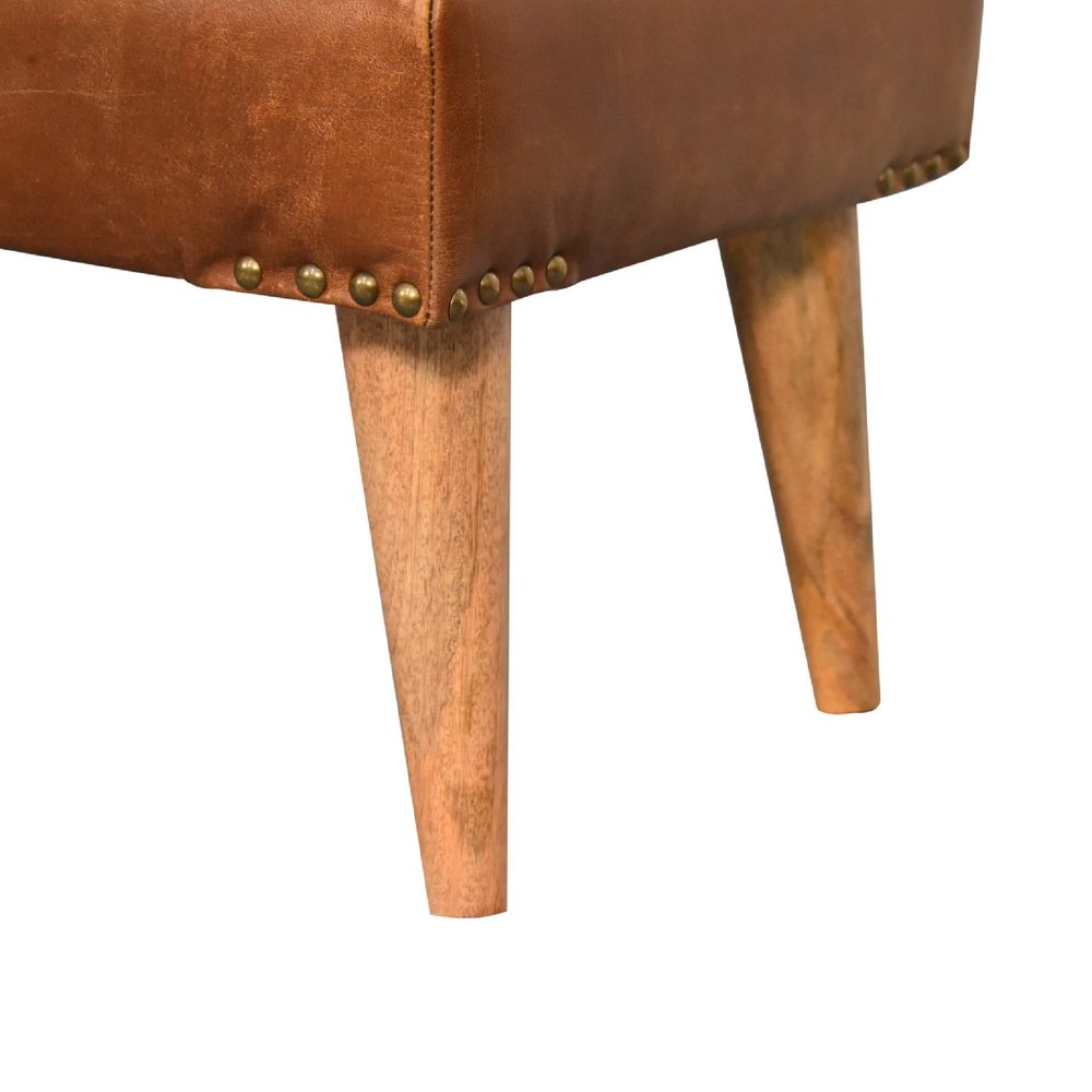 35" Beige And Brown Boucle Genuine Leather And Solid Wood Upholstered Bench