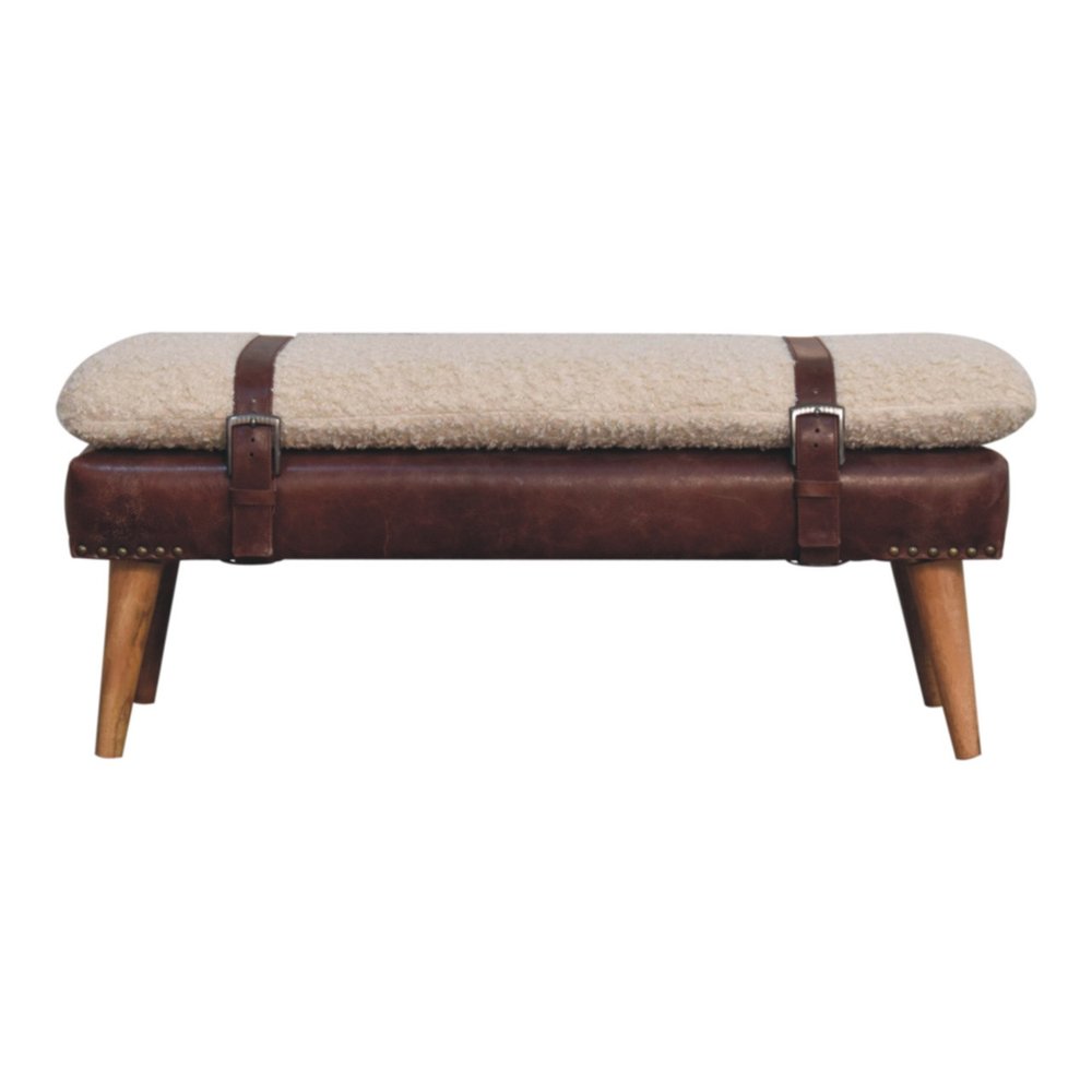 35" Beige And Brown Boucle Genuine Leather And Solid Wood Upholstered Bench