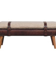35" Beige And Brown Boucle Genuine Leather And Solid Wood Upholstered Bench