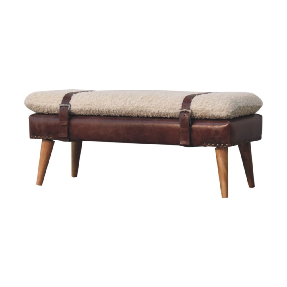 35" Beige And Brown Boucle Genuine Leather And Solid Wood Upholstered Bench
