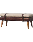 35" Beige And Brown Boucle Genuine Leather And Solid Wood Upholstered Bench